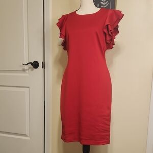 Chic Scarlet Red Ruffle Sleeve Midi Dress